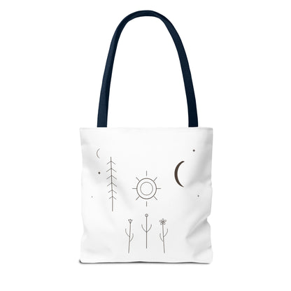 Minimal Moon and Sun botanical tote bag with celestial line art design, featuring nature-inspired artwork on a durable fabric bag.