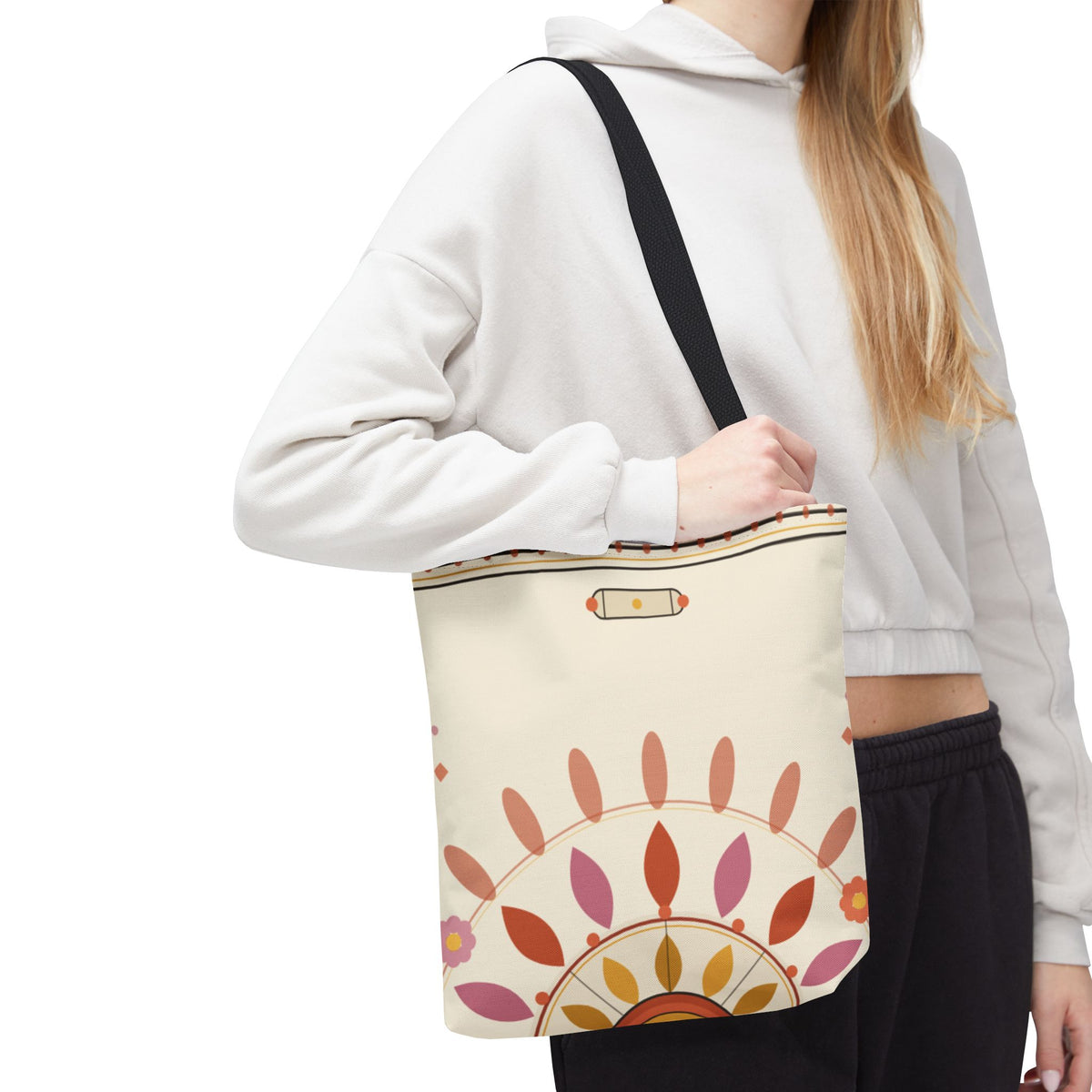Boho floral mandala tote bag with pastel sunburst pattern, featuring colorful floral and geometric designs on durable fabric.