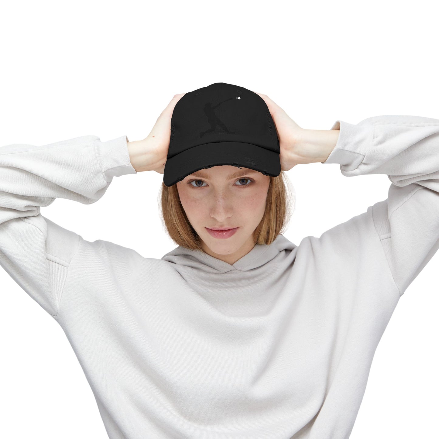 Distressed baseball cap by Printify featuring a silhouette batter design, casual hat with distressed fabric and sporty style.