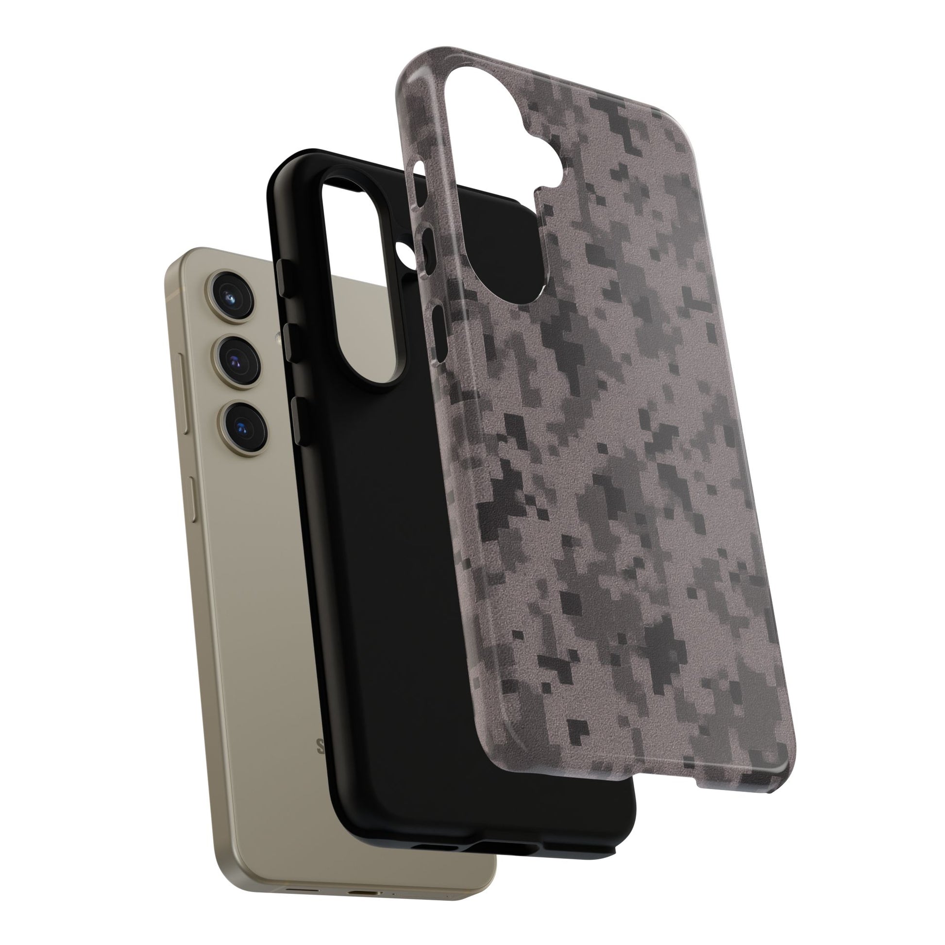 Gray digital camouflage phone case by Printify, tough protective cover fitting a smartphone with a rugged camouflage design.