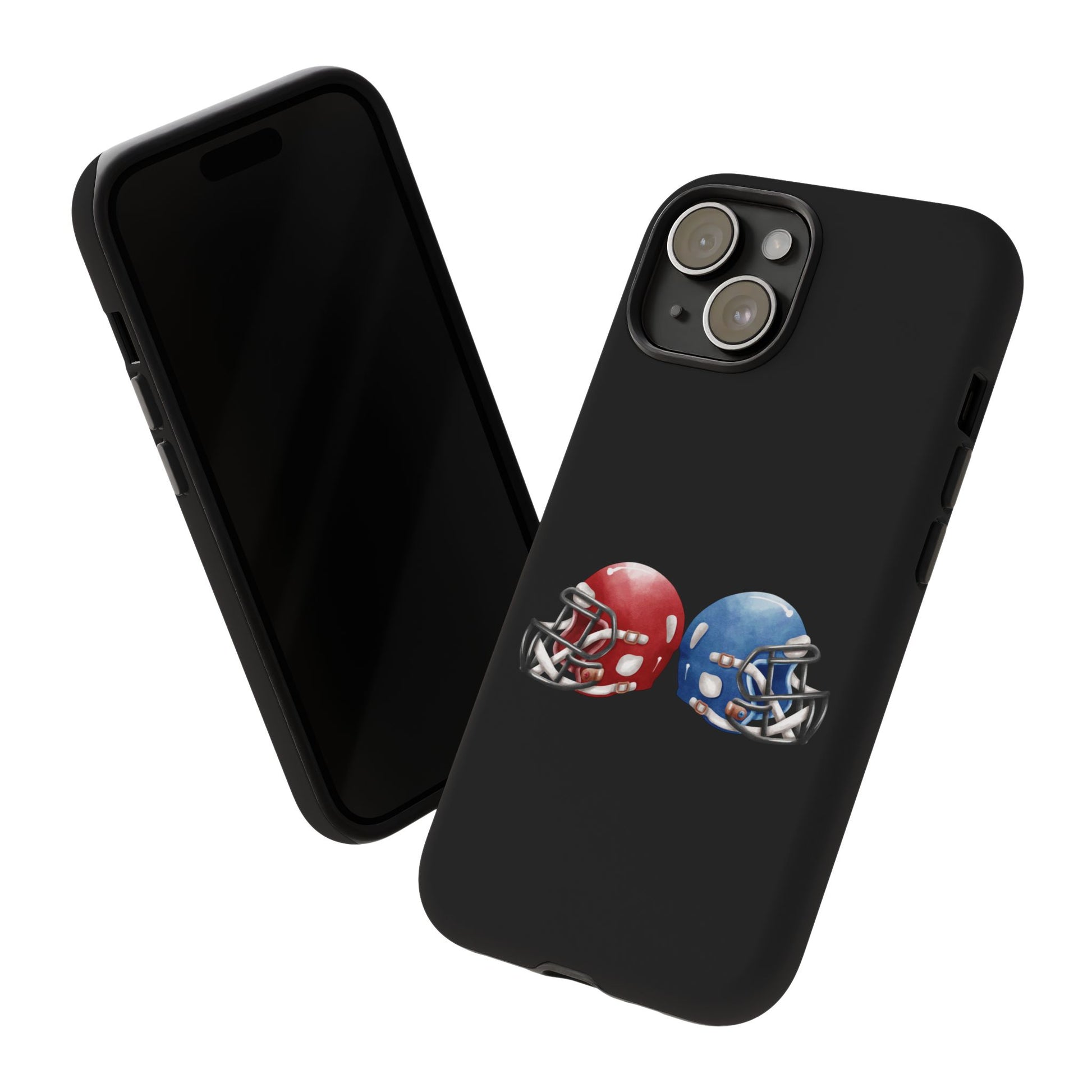 Red and blue football helmet design phone case for iPhone, protective tough case by Printify featuring sports-themed graphics.