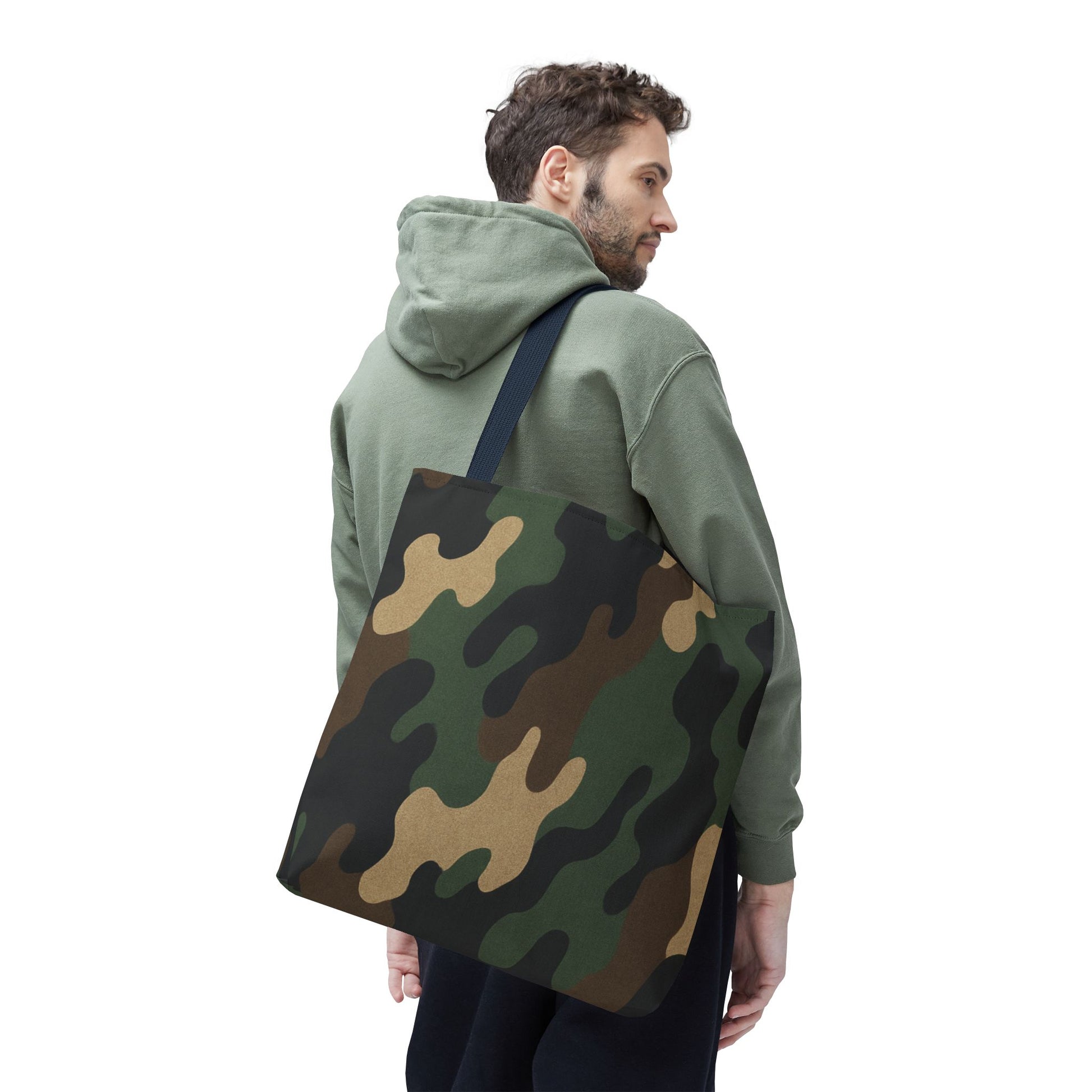 Camo pattern tote bag by Printify, all-over printed canvas carryall with adjustable straps and spacious interior.