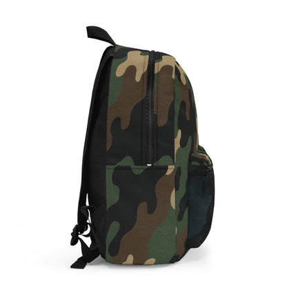 Werewolf camo backpack by Printify, rugged bag with wolf design, ideal for school, hiking, and travel activities.