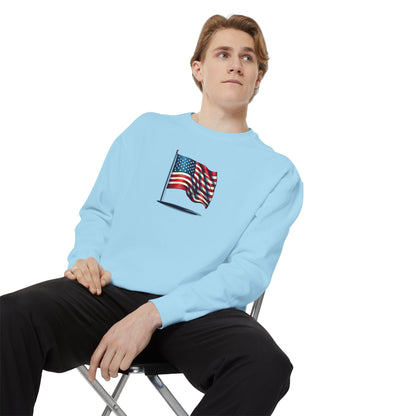 Patriotic Unisex Garment-Dyed Sweatshirt with Vintage American Flag, Cozy Fall Outfit, Statement Sweater, Gift for Veterans, Casual Fashion - TRV