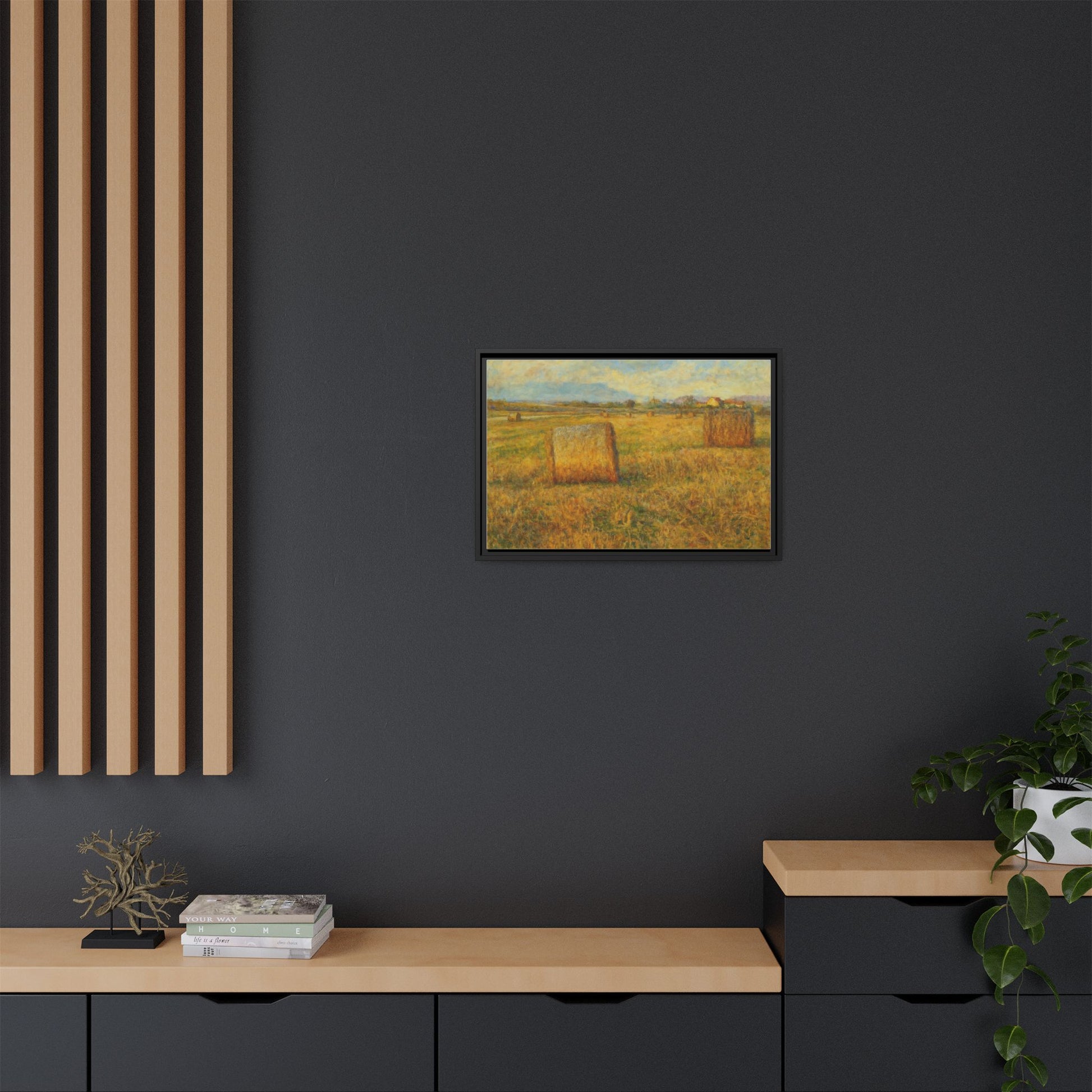 Framed matte canvas wall art featuring a rustic hayfield landscape print by Printify, ideal for home rustic decor.