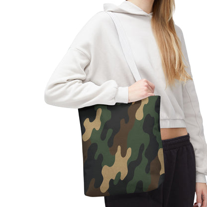 Camo pattern tote bag made of canvas, featuring all-over print design, ideal for carrying everyday essentials.