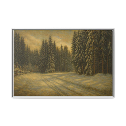 Framed matte canvas wall art featuring a winter forest landscape with snow-covered trees and tranquil woodland scenery.