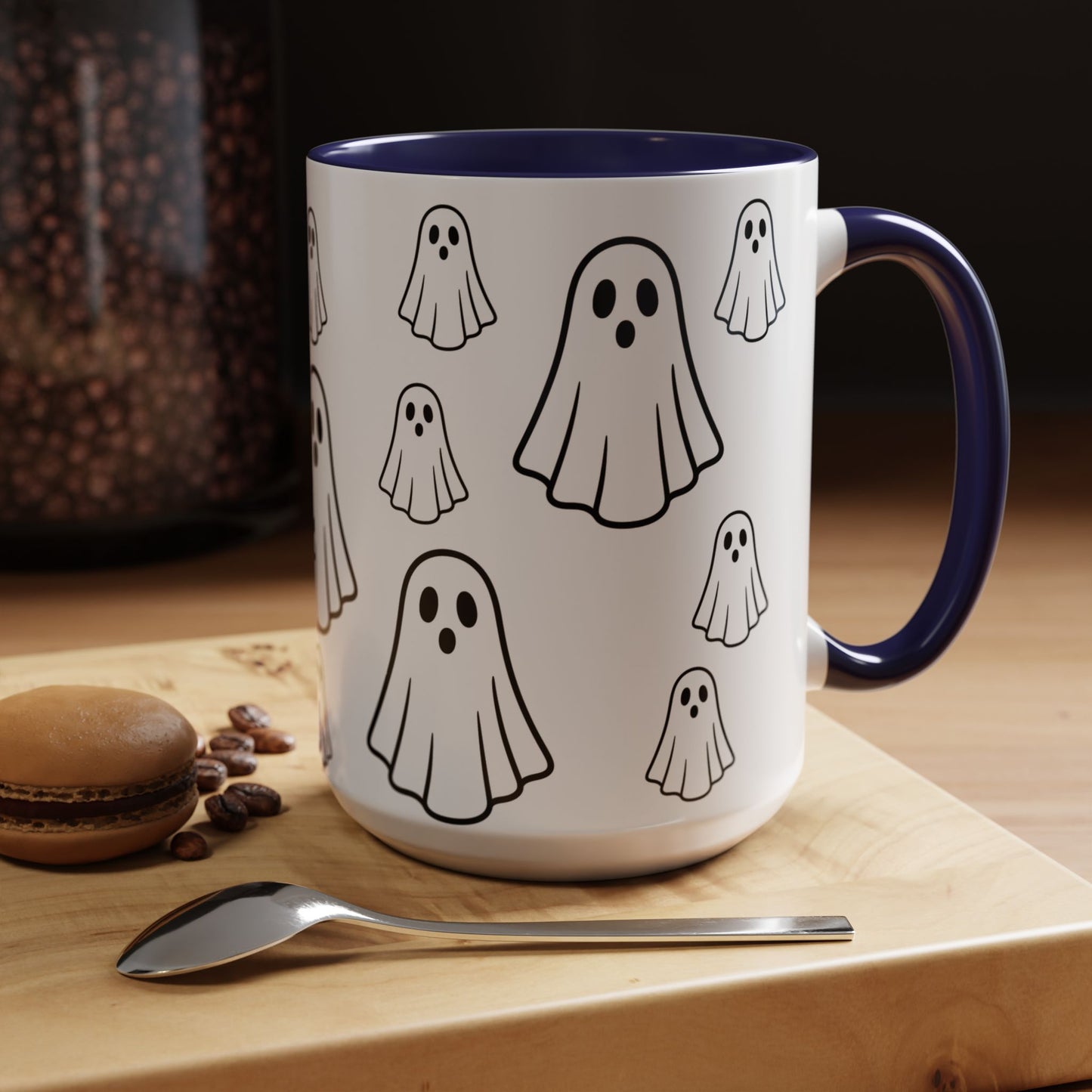 Printify ghost pattern ceramic coffee mug with cute Halloween design in 11oz or 15oz size, perfect for festive drinks.