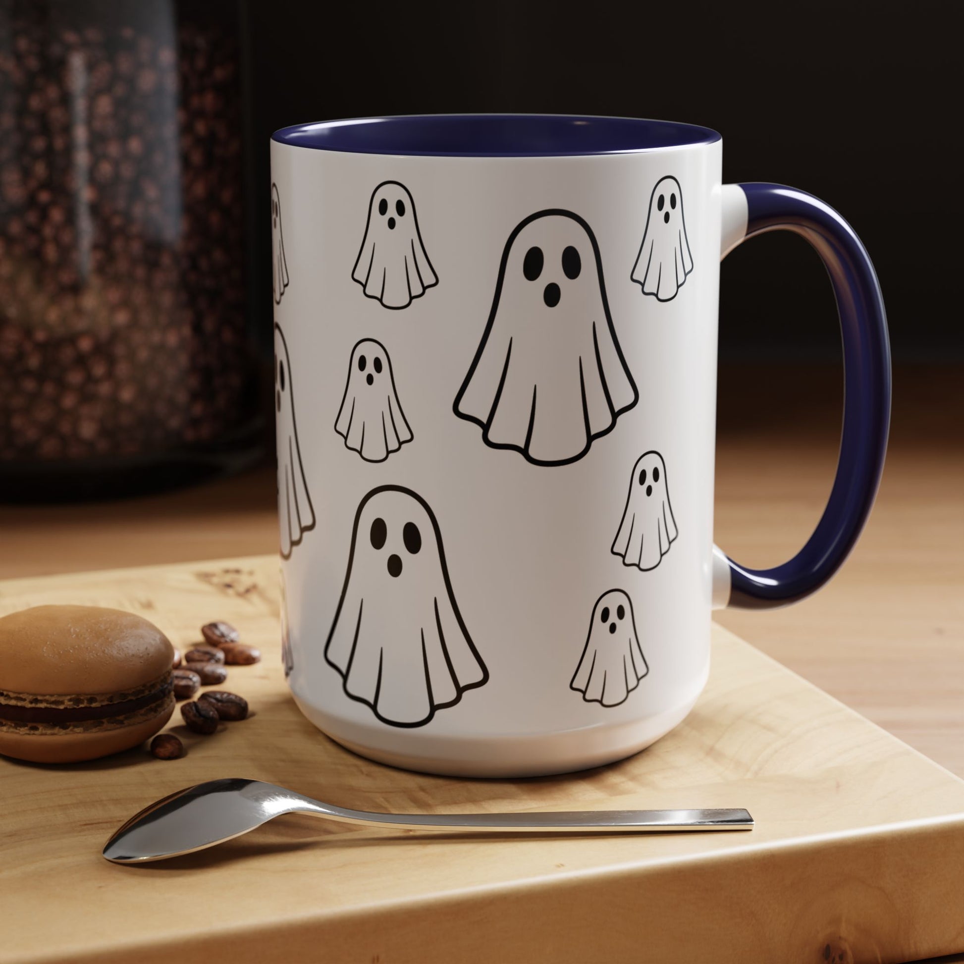 Printify ghost pattern ceramic coffee mug with cute Halloween design in 11oz or 15oz size, perfect for festive drinks.