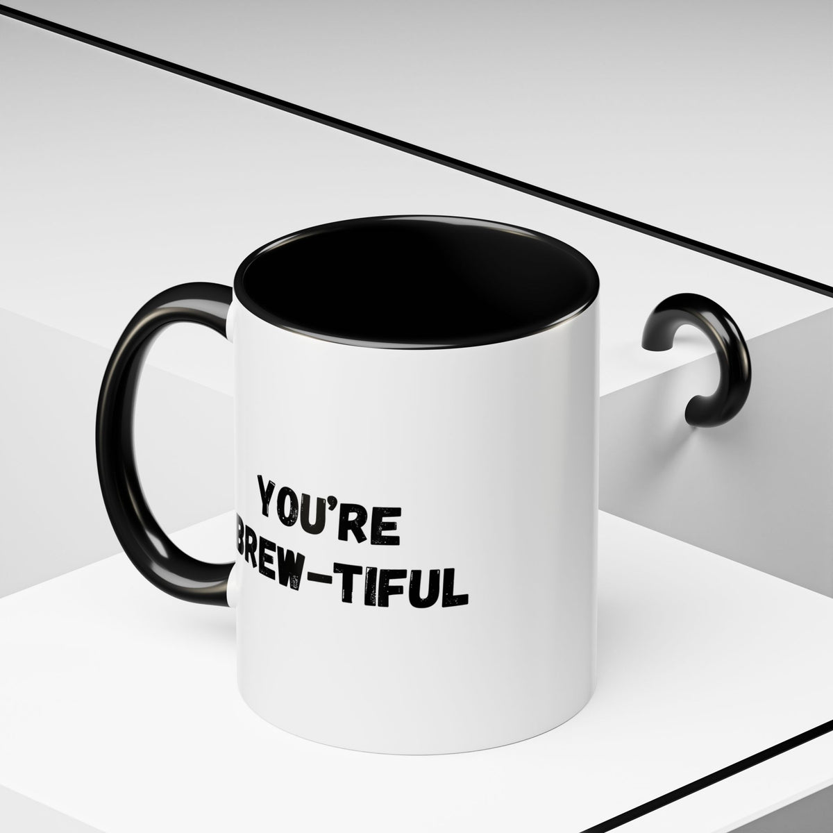 You’re Brew-tiful Coffee Mug – Cute Coffee Pun Accent Mug (11/15oz) — white ceramic accent mug with glossy finish and bold black “YOU’RE BREW-TIFUL” print, front view