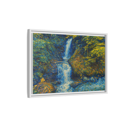Framed matte canvas print of impressionist waterfall wall art by Printify, showcasing vibrant colors and textured water scene.