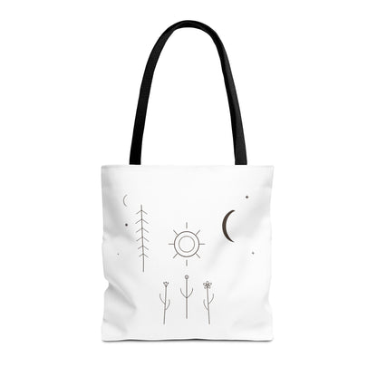 Minimal Moon and Sun botanical tote bag with celestial line art design, featuring a natural fabric exterior and sturdy handles.
