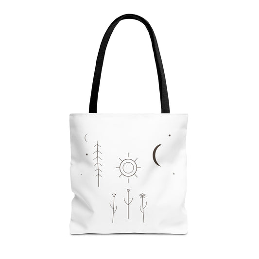 Minimal Moon and Sun botanical tote bag with celestial line art design, featuring a natural fabric exterior and sturdy handles.