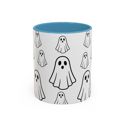 Printify ghost pattern ceramic coffee mug with Halloween design, 11oz or 15oz, featuring a cute ghost motif on a white background.