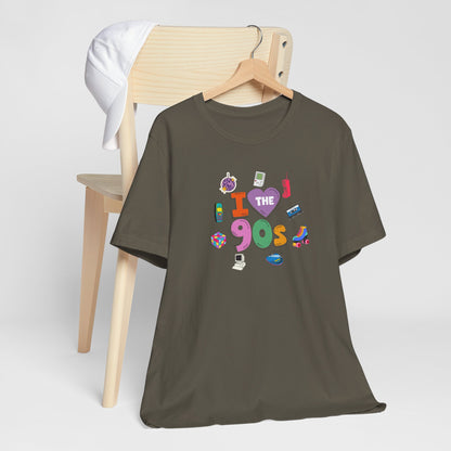 I  Love the 90's Short Sleeve Tee - Retro Graphic Tee, Vintage Style Shirt, Perfect for Casual Outings, 90s Nostalgia Apparel