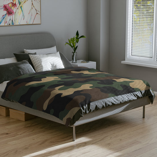 Soft woodland camouflage microfiber blanket by Printify, cozy velveteen throw for home decor and comfort.