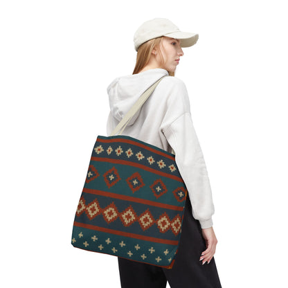 Southwestern diamond pattern tote bag with Aztec tribal geometric print, featuring sturdy straps and colorful design.