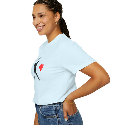 White baseball batter heart T-shirt by Printify featuring a graphic of a batter with a heart design on the front.