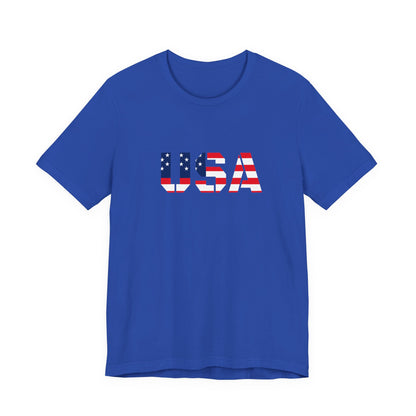 USA Flag Text T-shirt by Printify featuring patriotic design for Fourth of July, with bold American flag and text graphic.