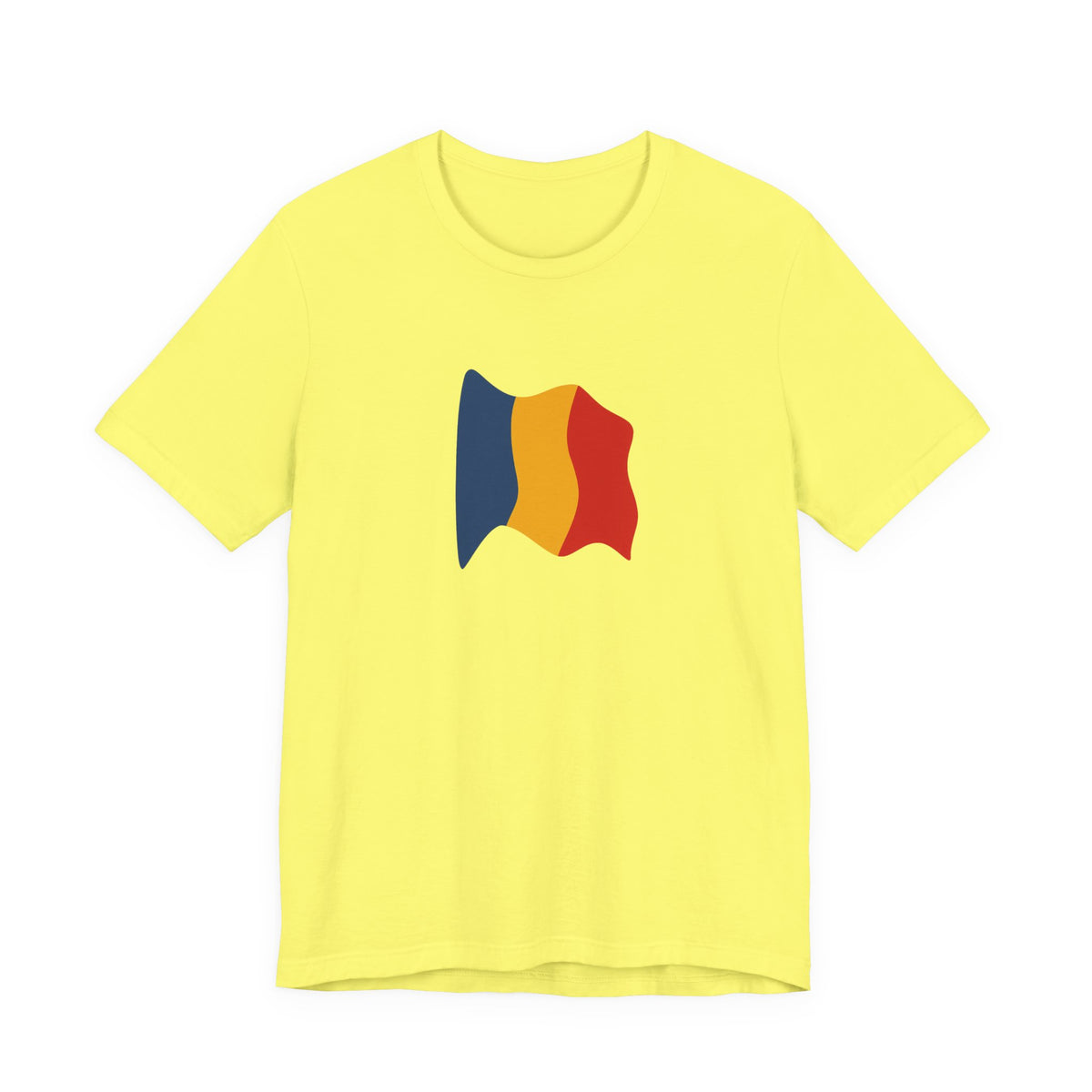 Romania flag T-shirt by Printify featuring a minimal waving tricolor design on a casual cotton tee.