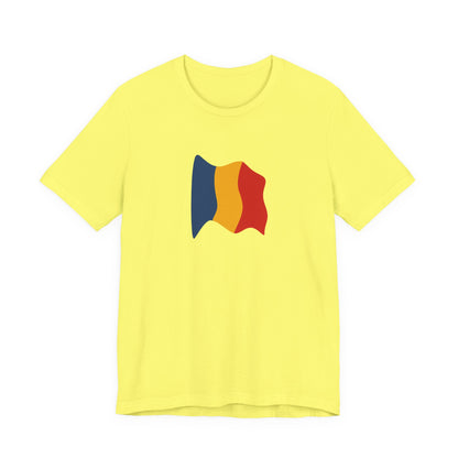 Romania flag T-shirt by Printify featuring a minimal waving tricolor design on a casual cotton tee.