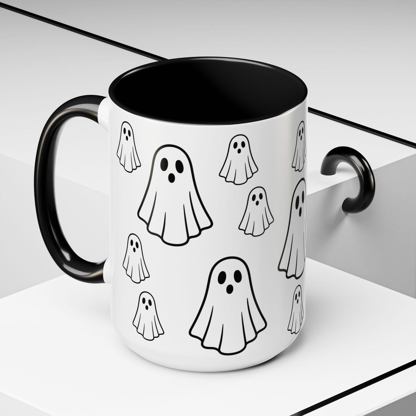 Printify ghost pattern ceramic coffee mug with Halloween-themed cute ghost design, available in 11oz and 15oz sizes.
