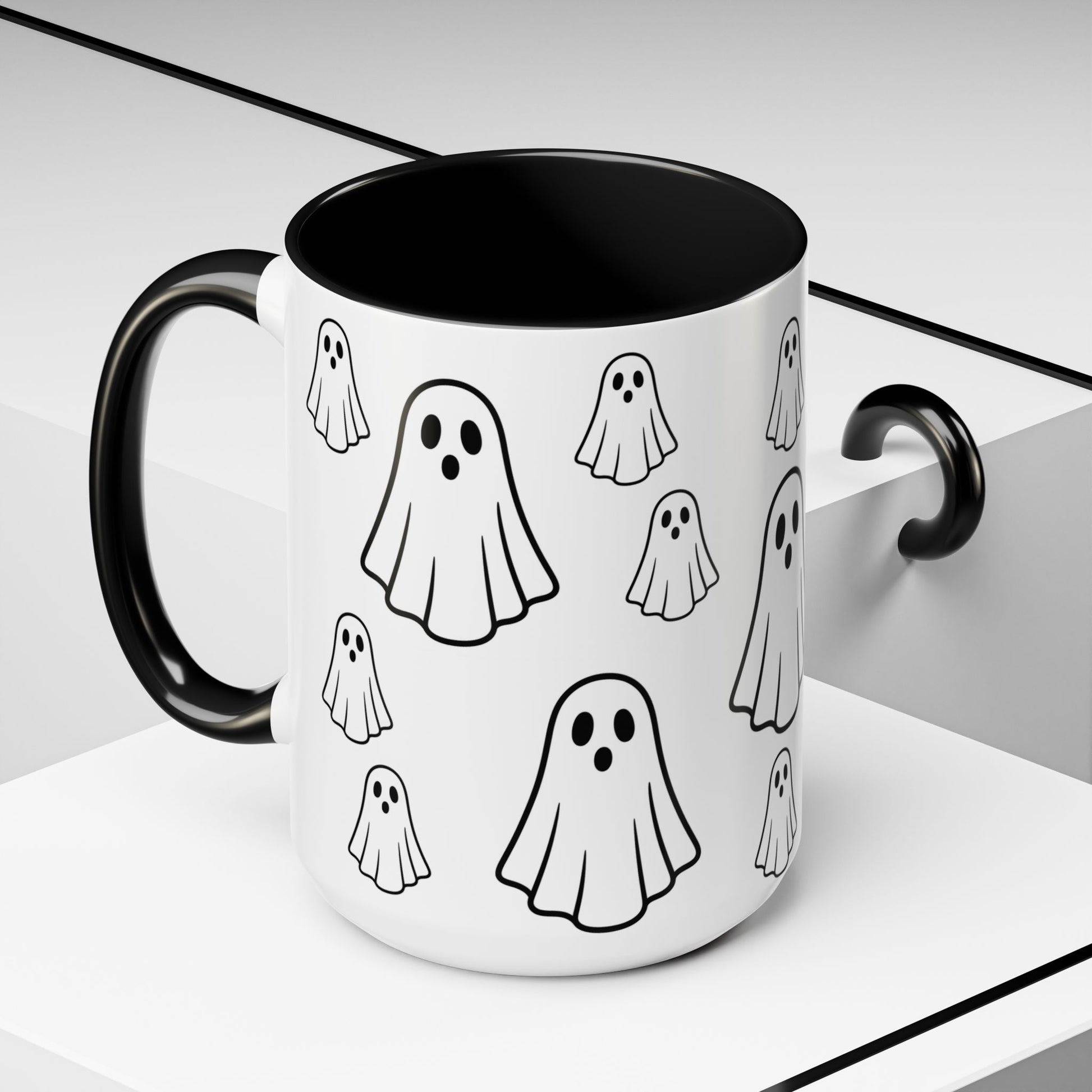 Printify ghost pattern ceramic coffee mug with Halloween-themed cute ghost design, available in 11oz and 15oz sizes.