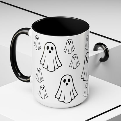 Printify ghost pattern ceramic coffee mug with Halloween-themed cute ghost design, available in 11oz and 15oz sizes.