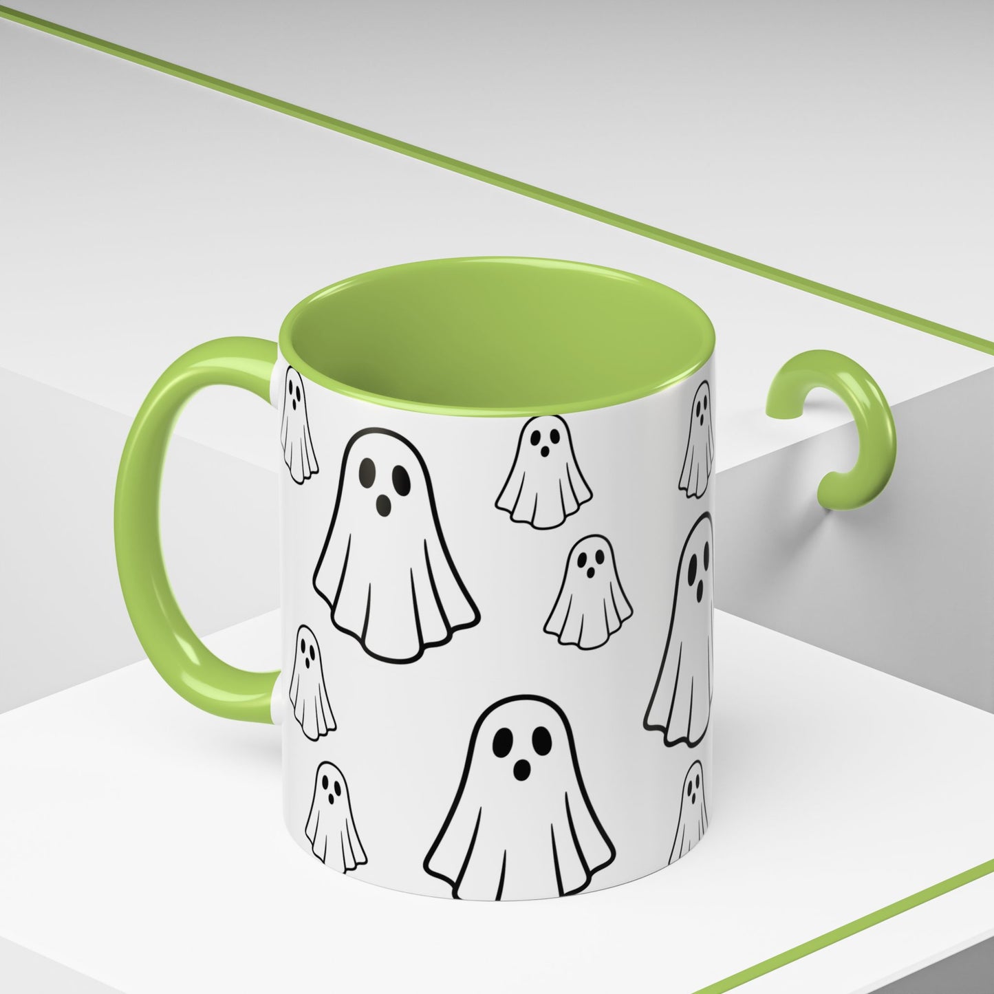 Printify ghost pattern ceramic coffee mug with Halloween-themed design, 11oz or 15oz size, perfect for festive drinks.