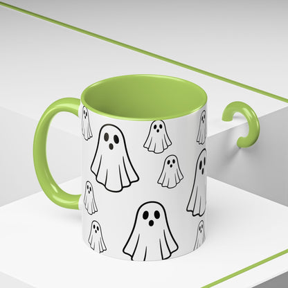 Printify ghost pattern ceramic coffee mug with Halloween-themed design, 11oz or 15oz size, perfect for festive drinks.