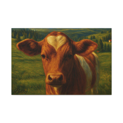 Cow portrait canvas print featuring a farm animal with a heart-shaped mark on its forehead, wall art by Printify.