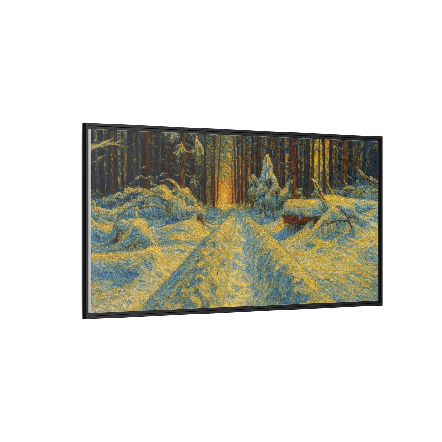 Framed matte canvas print of a snowy forest path at sunset, wall art by Printify with natural winter landscape scene.