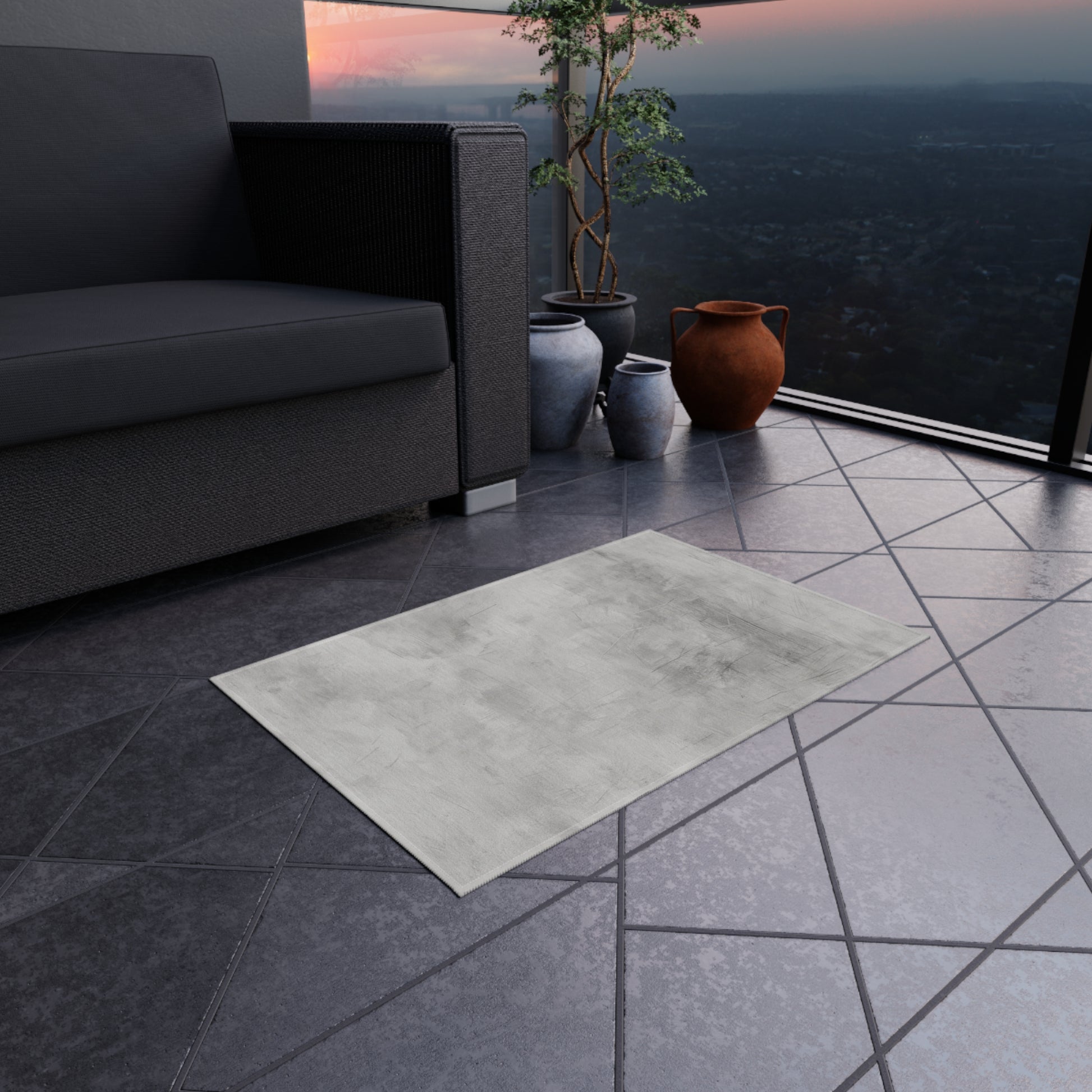 Modern gray outdoor rug by Printify, durable indoor-outdoor flooring ideal for patios and decks, featuring contemporary design.