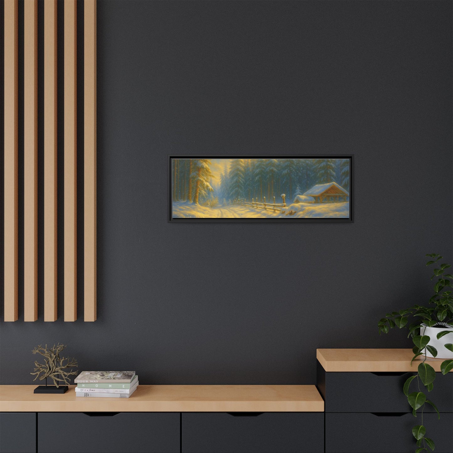 Framed winter cabin canvas print featuring a snowy forest sunset, wall art by Printify showcasing a cozy winter scene.