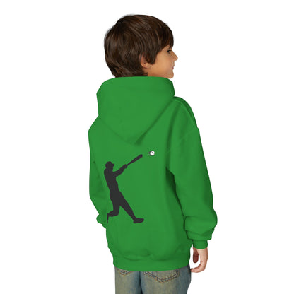 Kids youth baseball silhouette hoodie featuring a young baseball player graphic, comfortable pullover hoodie for kids by Printify.