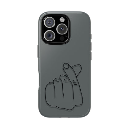 Silicone phone case with embossed Korean finger heart design, compatible with smartphones, by Printify.