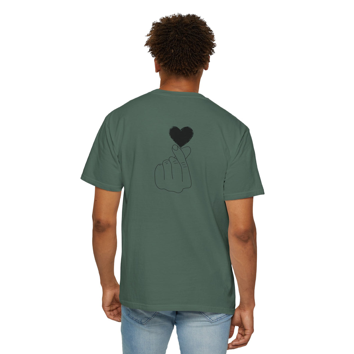 Black T-shirt with minimal white finger heart graphic, casual style, by Printify, showing front view with heart design.