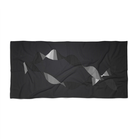 Black and gray geometric abstract waves beach towel with monochrome design, featuring a modern, artistic pattern.