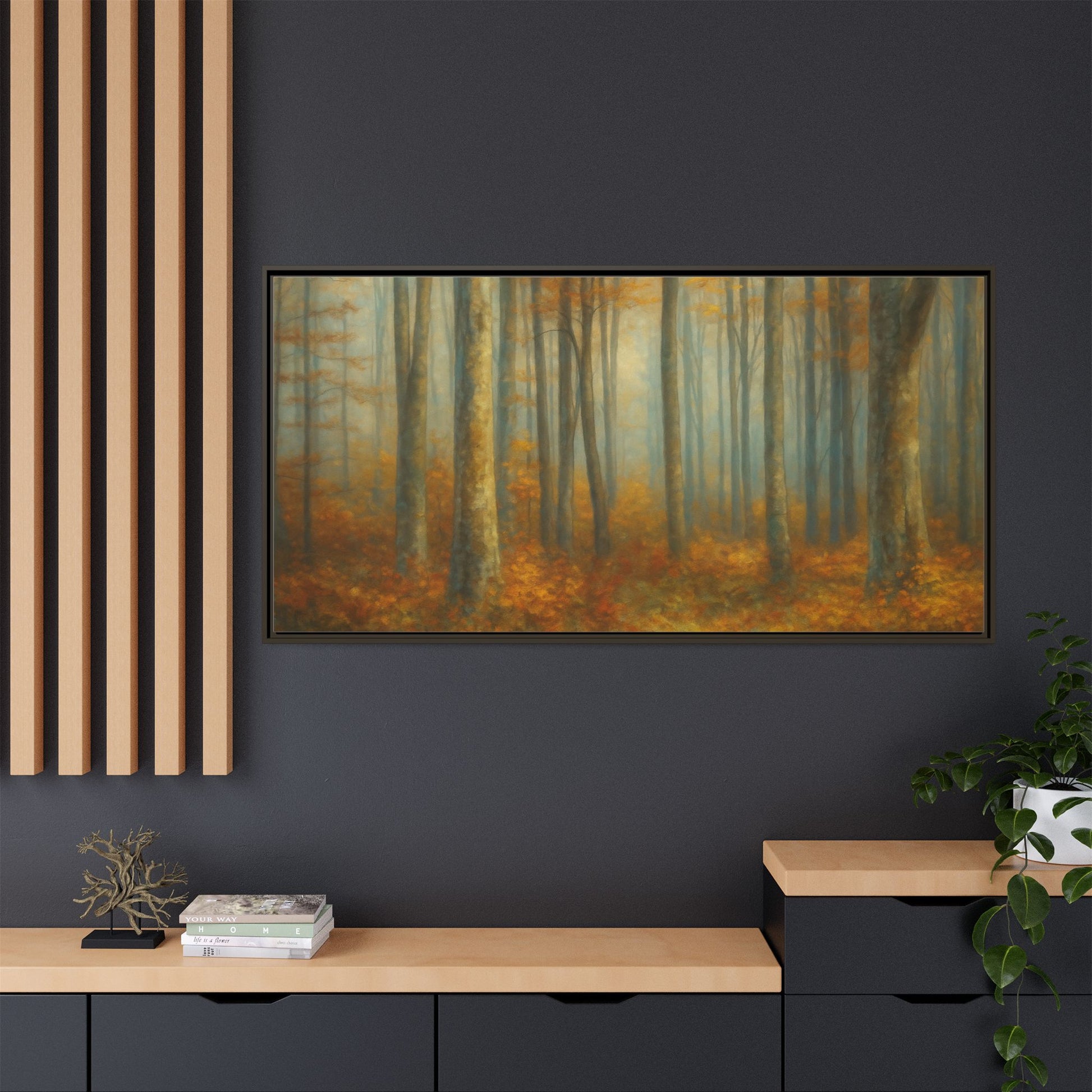 Framed autumn forest canvas print by Printify featuring misty woodland scene for wall decor.
