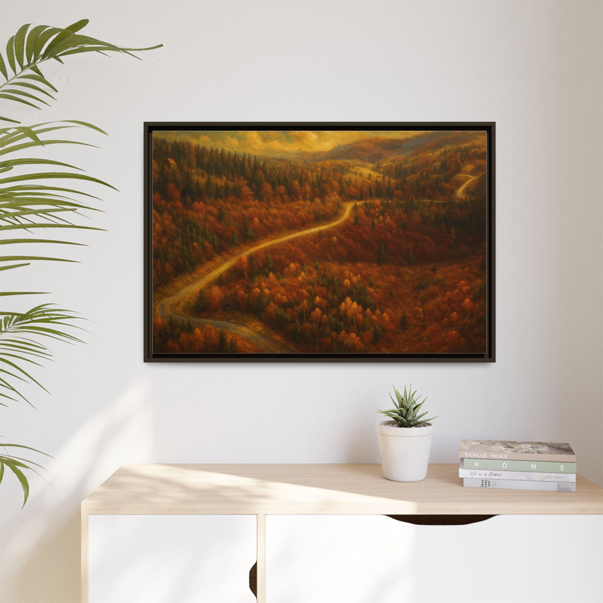 Framed matte canvas print of autumn forest road landscape wall art by Printify, featuring vibrant fall trees and scenic forest path.