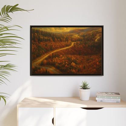 Framed matte canvas print of autumn forest road landscape wall art by Printify, featuring vibrant fall trees and scenic forest path.