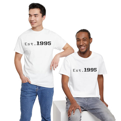 Vintage minimalist Est. 1995 T-shirt by Printify featuring a simple birthday design and classic style.