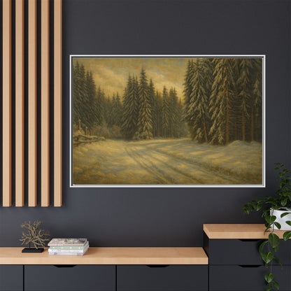 Framed matte canvas wall art of a winter forest landscape, featuring snowy trees and serene woodland scenery by Printify