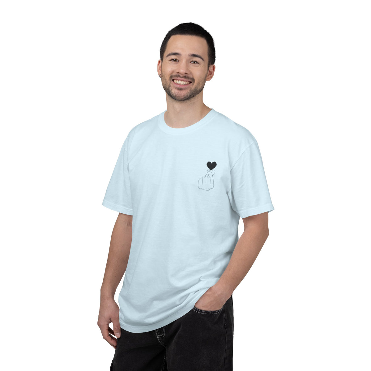 Black T-shirt by Printify featuring a minimal white finger heart graphic design on the front.