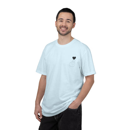Black T-shirt by Printify featuring a minimal white finger heart graphic design on the front.