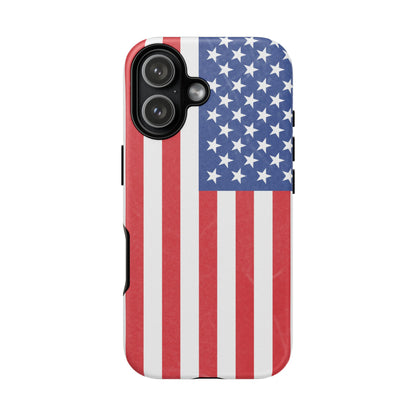Durable American flag tough phone case for iPhone, patriotic design, protective cover with bold red, white, and blue flag pattern.
