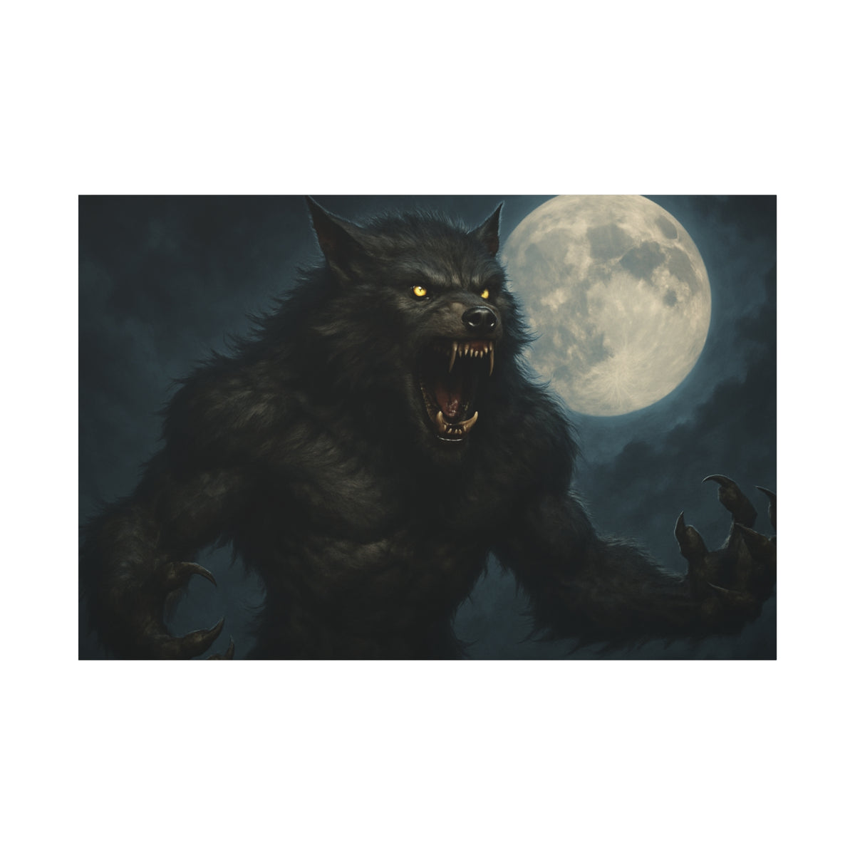 Werewolf Moon matte canvas print featuring a spooky full moon wall art design by Printify, perfect for Halloween or gothic decor.