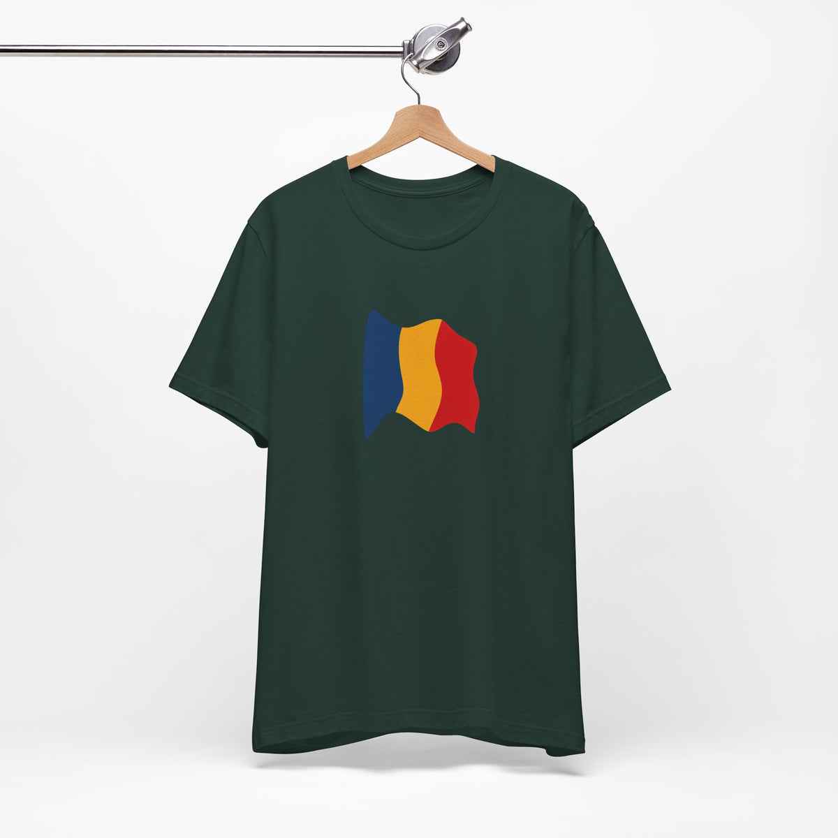 Romania flag T-shirt by Printify featuring a minimal waving tricolor design on a casual cotton tee.