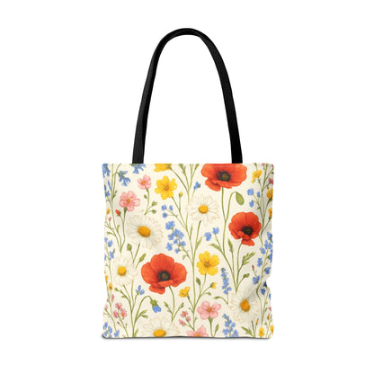 Wildflower Poppy print tote bag by Printify with a vibrant floral all-over pattern, perfect for casual carrying.