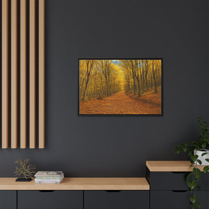 Autumn forest path matte canvas framed wall art by Printify showing a scenic forest trail in fall colors.